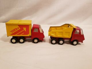 Set Of 2 Vintage Tonka Metal Small Trucks,  Box Truck & Dump Truck,  Yellow & Red