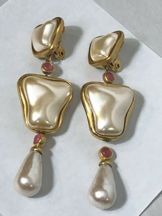 Vintage Anne Klein Couture Baroque Pearl Dangle Earrings For Repair 3 1/2 "
