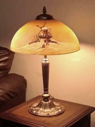 Antique Signed Pittsburgh Obverse N - Reverse Painted Lamp 1910 - 20s Handel Phoenix