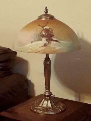 Antique Signed Pittsburgh Obverse N - Reverse Painted Lamp 1910 - 20s Handel Phoenix 2