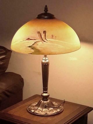 Antique Signed Pittsburgh Obverse N - Reverse Painted Lamp 1910 - 20s Handel Phoenix 3