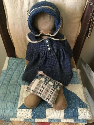 Early Primitive Prairie Style Cloth Rag Doll In Vintage Coat & Hat