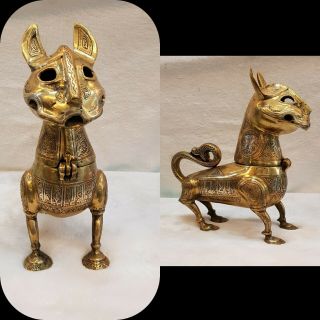 1700s Antique Egyptian Old Bronze With Silver Inlay Unique & Rare Cat 4 Incense