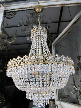 Antique Vnt Austrian Real Swarovski Crystal Chandelier Lamp 1940s 16in Ø Dmtr Rr