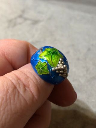 Vintage Chinese Silver Enamel Grape & Leaves 3 - D Dome Ring Adjustable Sz.  5.  5 B