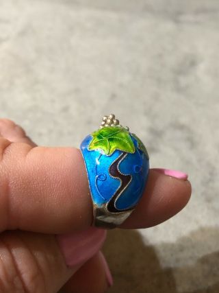 Vintage Chinese Silver Enamel Grape & Leaves 3 - D Dome Ring Adjustable Sz.  5.  5 B 2
