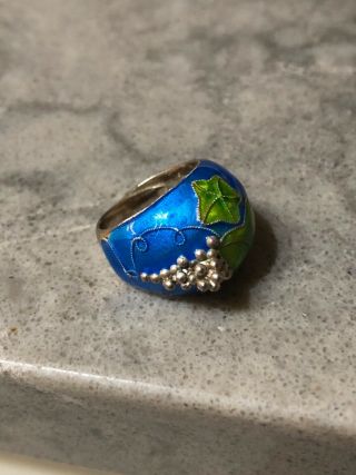 Vintage Chinese Silver Enamel Grape & Leaves 3 - D Dome Ring Adjustable Sz.  5.  5 B 3