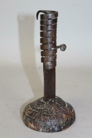 Rare Pilgrim 17th C Wrought Iron & Wood Spiral Candlestick Very Rare Early Form
