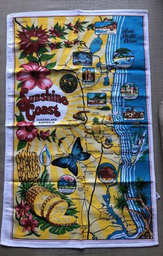 Vintage Retro Tea Towel Sunshine Coast Australia Souvenir Made In Hong Kong