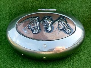 Great Looking Vintage Plated Metal Tobacco Box,  Oval With " Horses Heads " On Lid