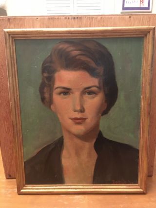 Vintage Portrait Oil Painting Canvas Woman Signed Dodge 1954 Framed