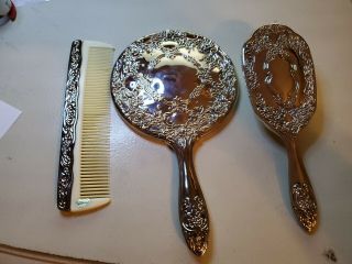 Vintage Victorian 3 Piece Silver Plate Vanity Set Comb Mirror Brush