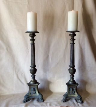 A Large 19th Century French Brass Pricket Candlesticks On Paw Feet 24”