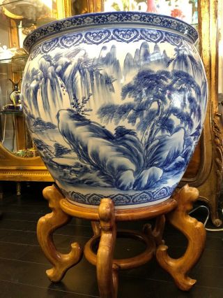 Large Chinese Blue & White Porcelain Fish Bowls Diameter 21 1/2 " With Wood Stand