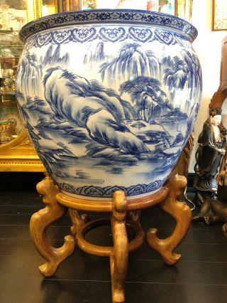Large Chinese Blue & White Porcelain Fish Bowls Diameter 21 1/2 