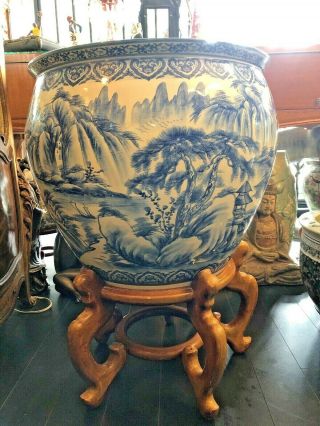Large Chinese Blue & White Porcelain Fish Bowls Diameter 21 1/2 