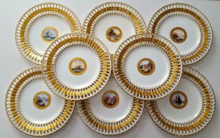 Set Of 8 Antique Minton Reticulated Richly Gilded Pictorial Cabinet Plates C1880