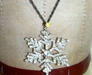 Snowflake Rhinestone Vintage Pendant Necklace On 26 " Chain Bright Silver Tone