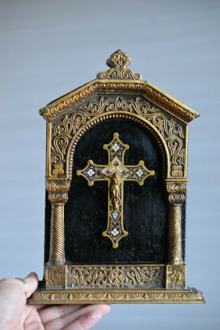 ⭐ Framed Antique Religious Cross,  Crucifix,  Bronze Enamelled⭐