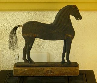 Carved And Black - Painted Wood Horse With Horsehair Tail C.  1850 - 60 Aafa Folk Art