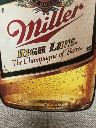 Large Vintage Miller High Life Draft Beer Bottle Shaped Metal Tin Sign 29 x 8.  5 2
