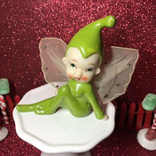 Vtg Lime Green Pixie Elf Girl W/ Tulle Mesh Mica Wings Christmas Figurine Japan