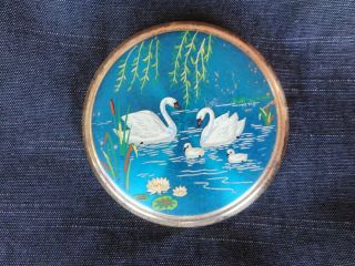 Vintage Powder Compact With Swans And Guilloche Pattern Back