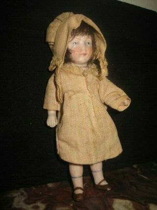 Antique German Bisque Miniature Doll Bonnet&dress 4.  5 " Tall Vgc