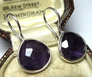 Vintage Edwardian Style Jewellery Solid Silver Real Amethyst Stone Drop Earrings