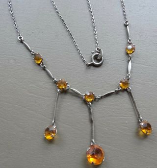 Vintage Art Deco Sterling Silver Amber Rhinestone Drop Chain Necklace - A466