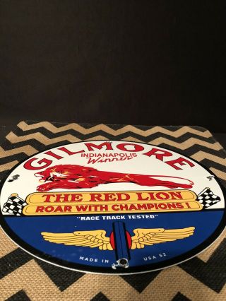 Vintage Gilmore Gasoline Red Lion Porcelain Pump Plate Sign Marked 52 Race Track