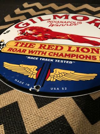 VINTAGE Gilmore Gasoline Red Lion Porcelain Pump Plate Sign Marked 52 Race Track 2