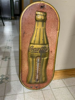 Vintage Metal Thermometer Sign Coca Cola Gold Bottle Sign Thermometer 1930