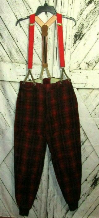 Vintage Woolrich Wool Mens Hunting Pants Buffalo Plaid With Suspenders Red/black