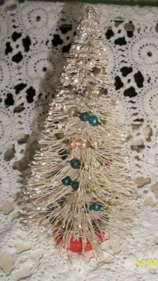 Vintage White Glitter Bottle Brush Christmas Tree,  Mercury Glass Garland,  8 "
