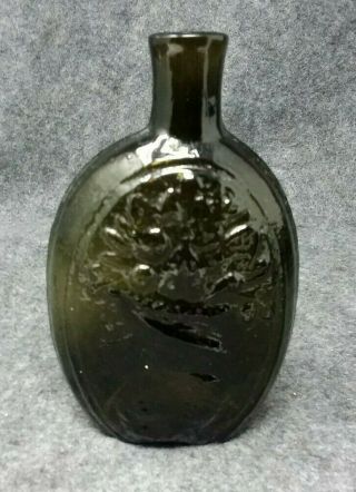 Early Antique 5.  5 " Olive Green Glass Floral Cornucopia Flask Pontil Base