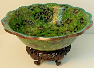Vintage Old Cloisonne Chinese Enamel Bowl Emerald Green Floral With Carved Stand