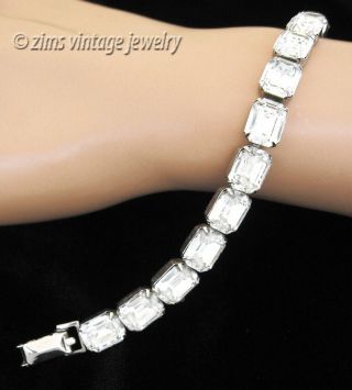 Vintage Weiss Signed Clear Emerald Cut Rhinestone Silver Tennis Link Bracelet