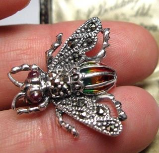 Solid Silver Vintage Style Jewellery Plique A Jour Marcasite Bee Pin Brooch