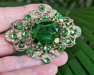 Large Vintage Czech Art Deco Jewellery Emerald Glass Brooch Shawl Pin