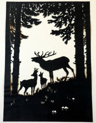 German Scissor Cut Silhouette - Deer In Woods - Scherenschnitte C1900