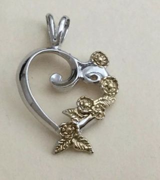 Vintage Two Tone Sterling Silver 925 Floral Heart Pendant P54