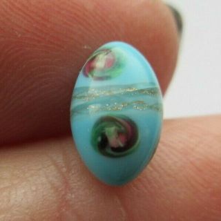 Darling Small Antique Vtg Turquoise Glass Button W/ Pink Rosette Flowers (r)