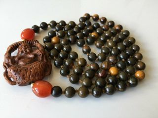 Antique Vintage Chinese Carved Tigers Eye Carnelian Buddha Necklace