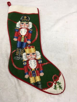Vintage Wool Needlepoint Christmas Toy Soldier Nutcracker Hanging Stocking