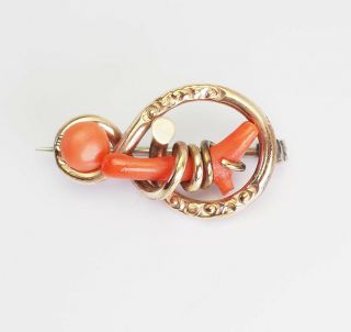 Antique Victorian Gold Filled And Coral Brooch Pin