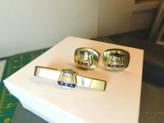 Vtg.  York City Transit Police " Pba " Badge Gold Tone Cuff Links,  & Tie Clip Set