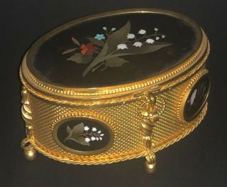 Antique French Gold Gilt Ormolu Pietra Dura Mosaic Hard Stone Box Casket