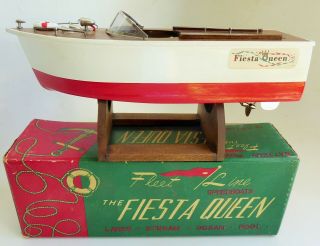 Vintage Fleet Line Japan Wooden Boat Model Motor Toy Battery Operated Box 9.  5 "