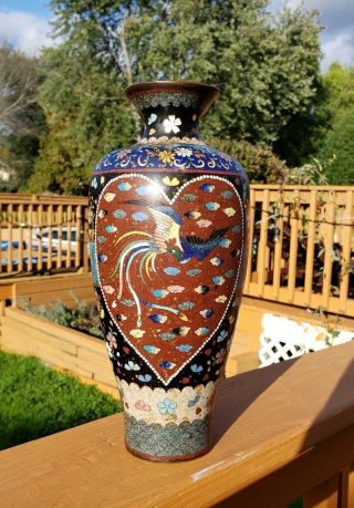 Large Antique Japanese Meiji Cloisonne Vase With Heart Shaped Cartouches